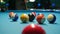 Opening Break Shot of Eight Ball Pool Game Spreading Balls Around Blue Fabric Table Surface