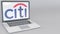 Opening and closing laptop with Citigroup logo on the screen. Computer technology conceptual editorial 4K clip