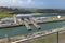 Opening the gates of the Panama Canal. Ship passes the Panama Canal