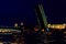 Opening of Trinity drawbridge. Night view of Trinity bridge from the Neva river in St. Petersburg, Russia