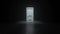 Opening white doors light in black hall room. Abstract sci fi background. Corridor. Futuristic concept. Glowing in concrete floor