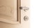 Opening wooden door handle and lock. step into the future, elegant white wooden door. morning lighting glow