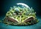 Opens book with forest inside and earth globe. Earth\\\'s Day. Concept of environment and sustainability. AI generated