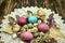 Openwork napkin with Easter eggs and quail eggs among dry rose buds and dry leaves on dark polished boards