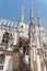 Openwork pinnacles and spires of the gothic cathedral church in