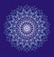 Openwork white mandala on a blue background. Vector drawing.