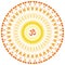 Openwork yellow-orange elegant mandala on a white background. The sign aum, om, ohm in the center.