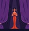 Opera or concert singer on stage with microphone, flat vector illustration.