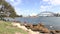 Opera House, harbour bridge and cruise ship Mrs Macquarie`s chair