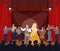 Opera theater scene with red curtains. Musicians and actors performing on stage, vector illustration. Entertainment.