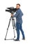 Operator with professional video camera on white background