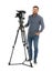 Operator with professional video camera on white background