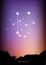 Ophiuchus zodiac constellations sign with forest landscape silhouette on beautiful starry sky with galaxy and space