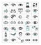 Ophthalmic set icons. Eyes with impaired vision, optical selection glasses, plus, minus, optometric surgery