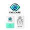 Ophthalmologic clinic flat logo. Eye care emblems. Contour logo. Creative business card with a test vision table.