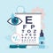 Ophthalmological tools for vision testing. Examination by optician. Vision correction and healthcare, concept banner. Snellen Eye