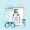 Ophthalmological tools for vision testing. Examination by optician. Vision correction and healthcare, concept banner. Snellen Eye