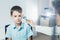 Ophthalmologist checks the boy`s vision. Hyperopia. Vision tests in children
