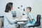 Ophthalmologist checks the boy`s vision. Vision tests in children. Hyperopia