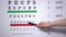 Ophthalmologist hand showing letter on eye chart to patient with vision problems