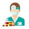 Ophthalmologist with head mirror. Icon isolated on background. F