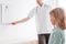 Ophthalmologist shows a small boy an eye test chart