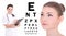 ophthalmology concept - beautiful woman, doctor and eye test chart isolated on white