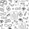 Ophthalmology doodle seamless pattern. Optometry, contact lenses, glasses, phoropter and much more. Vector hand-drawn