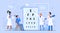 Ophthalmology medicine concept flat vector illustration, cartoon woman man doctor ophthalmologist characters checking