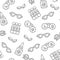 Ophthalmology, optometry hand drawn seamless pattern. Contact lenses, eye drops and glasses in doodle style. Optometry