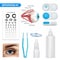 Ophthalmology vision correction eye anatomy realistic set with exam table and contact lenses accessories isolated