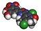 Opicapone Parkinson`s disease drug molecule. 3D rendering. Atoms are represented as spheres with conventional color coding:.