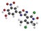 Opicapone Parkinson`s disease drug molecule. 3D rendering. Atoms are represented as spheres with conventional color coding:.