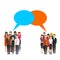 Opinion poll flat illustration of two groups of people and speech bubbles between them