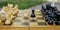 Opposing white and black pawns on a chessboard, facing each other
