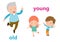 Opposite adjectives old and young illustration, Opposite English Words old and young vector illustration on white background