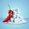 Opposites and contrast. Red hot chili pepper lies near white sugar cubes pile. Blue background. AI generative art