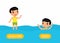 Opposites, DEEP and SHALLOW words. Little asian boy swimming cartoon illustration.