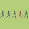 Opposition concept. One red businessman figure walking contrary to a group. Vector illustration