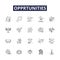 Opprtunities line vector icons and signs. Chances, Prospects, Options, Gains, Avails, Wealth, Profits, Prospects outline