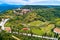 Oprtalj. Idyllic landscape of Istria and village of Oprtalj aerial view