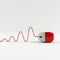 Optical computer mouse and cable in form of wave on a white background. Red ergonomic mouse, computer parts.