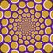 Optical illusion background. Golden circles are moving circularly from the center on purple background