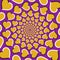 Optical illusion background. Golden hearts are moving circularly from the center on purple background