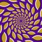 Optical illusion background. Golden pointed ellipses are moving circularly from the center on purple background