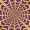 Optical illusion background. Purple arrows fly in two directions to the center and from on yellow background