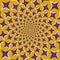 Optical illusion background. Purple four pointed stars are moving circularly from the center on golden background