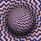 Optical illusion hypnotic vector illustration. Blue pink zigzag stripes patterned sphere soaring above the same surface