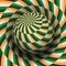 Optical illusion hypnotic vector illustration of rotating spiral striped pattern. Patterned orange green globe soaring above the