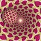 Optical illusion illustration. A ball with a hearts pattern is moving on rotating pink hearts golden funnel